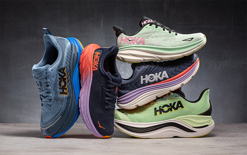 hoka running shoes outside on road