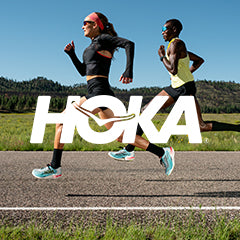 HOKA logo over a running shoes lifestyle image