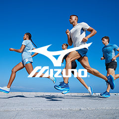 Mizuno logo over a running lifestyle image
