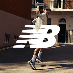 New Balance logo over a running lifestyle image