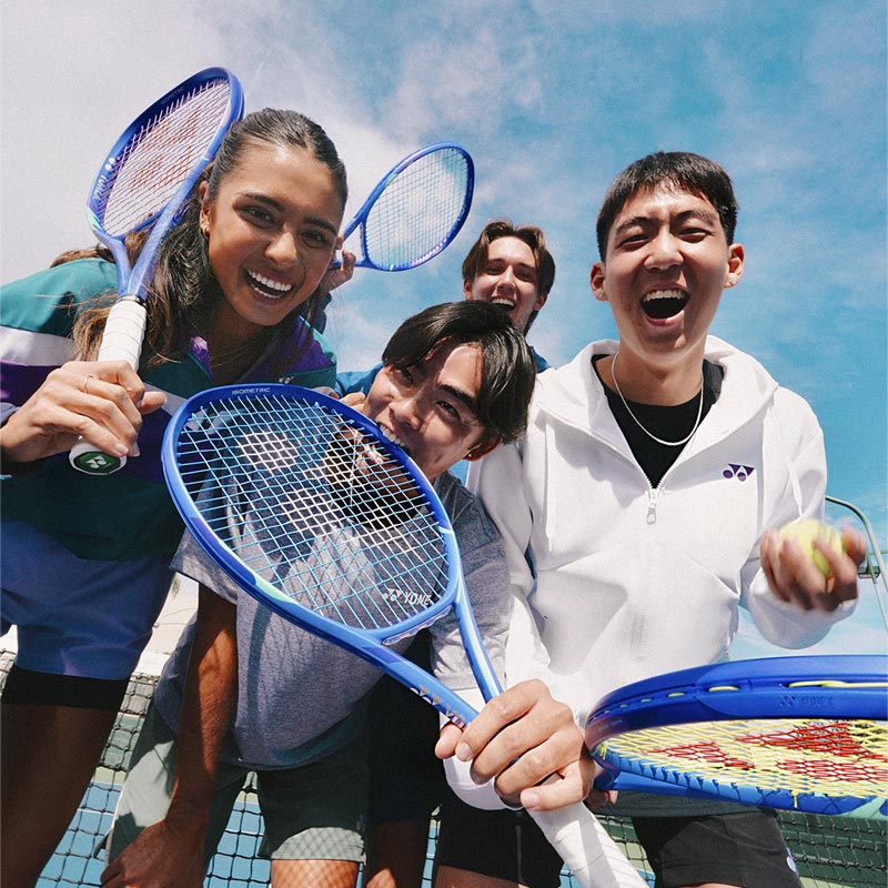 Tennis players posing with Yonex EZONE Blast Blue tennis racquets